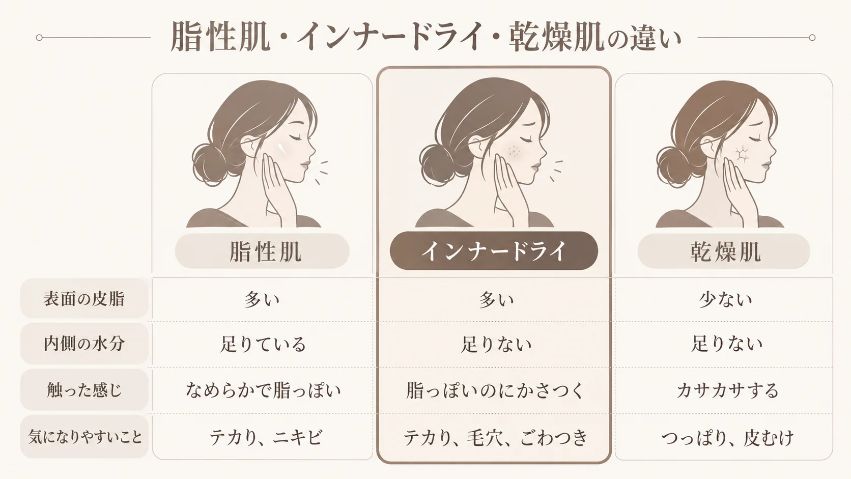 脂性肌・インナードライ・乾燥肌の違いを比較した図。表面の皮脂、内側の水分、触った感じ、気になりやすいことの4項目で3つの肌質を並べている。