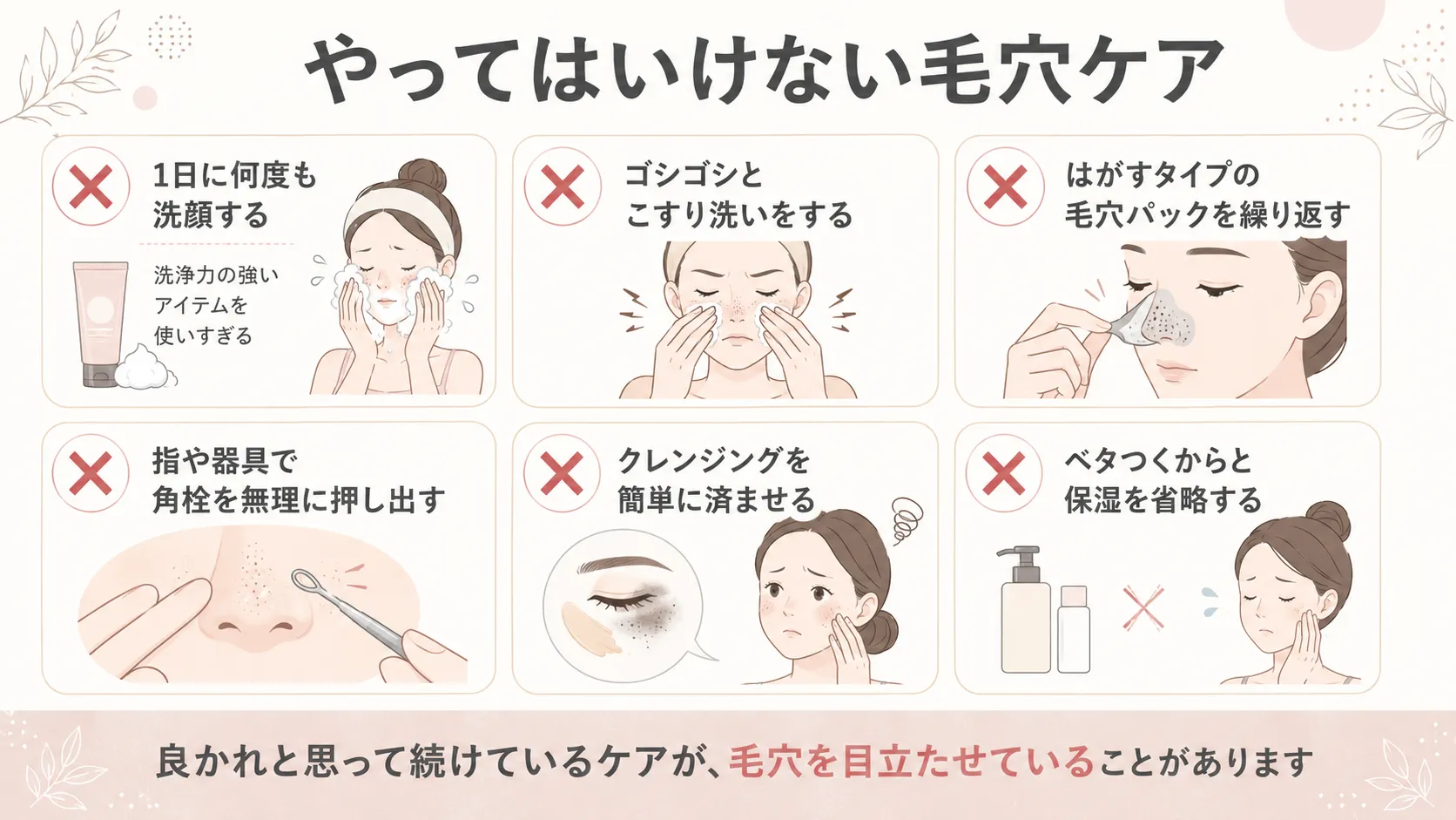 やってはいけない毛穴ケアを示す図。過度な洗顔、こすり洗い、毛穴パック、角栓の押し出し、クレンジング不足、保湿の省略の6つのNG習慣を紹介。