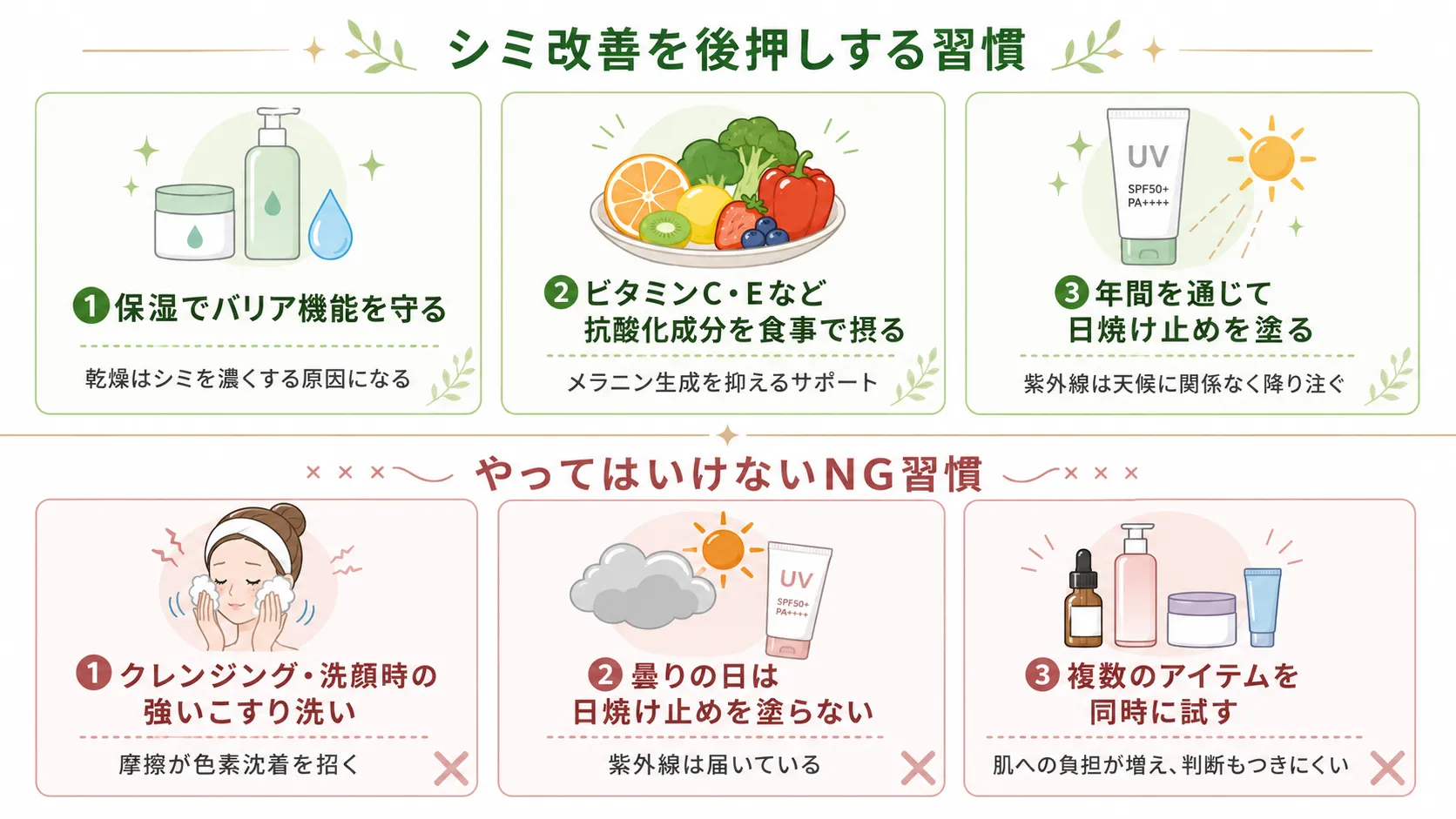 シミ改善のホームケアを示す図。上段に後押しする習慣3つ（保湿・抗酸化成分の摂取・日焼け止め）、下段にNG習慣3つ（こすり洗い・日焼け止めを塗らない・複数アイテムの同時使用）を紹介。
