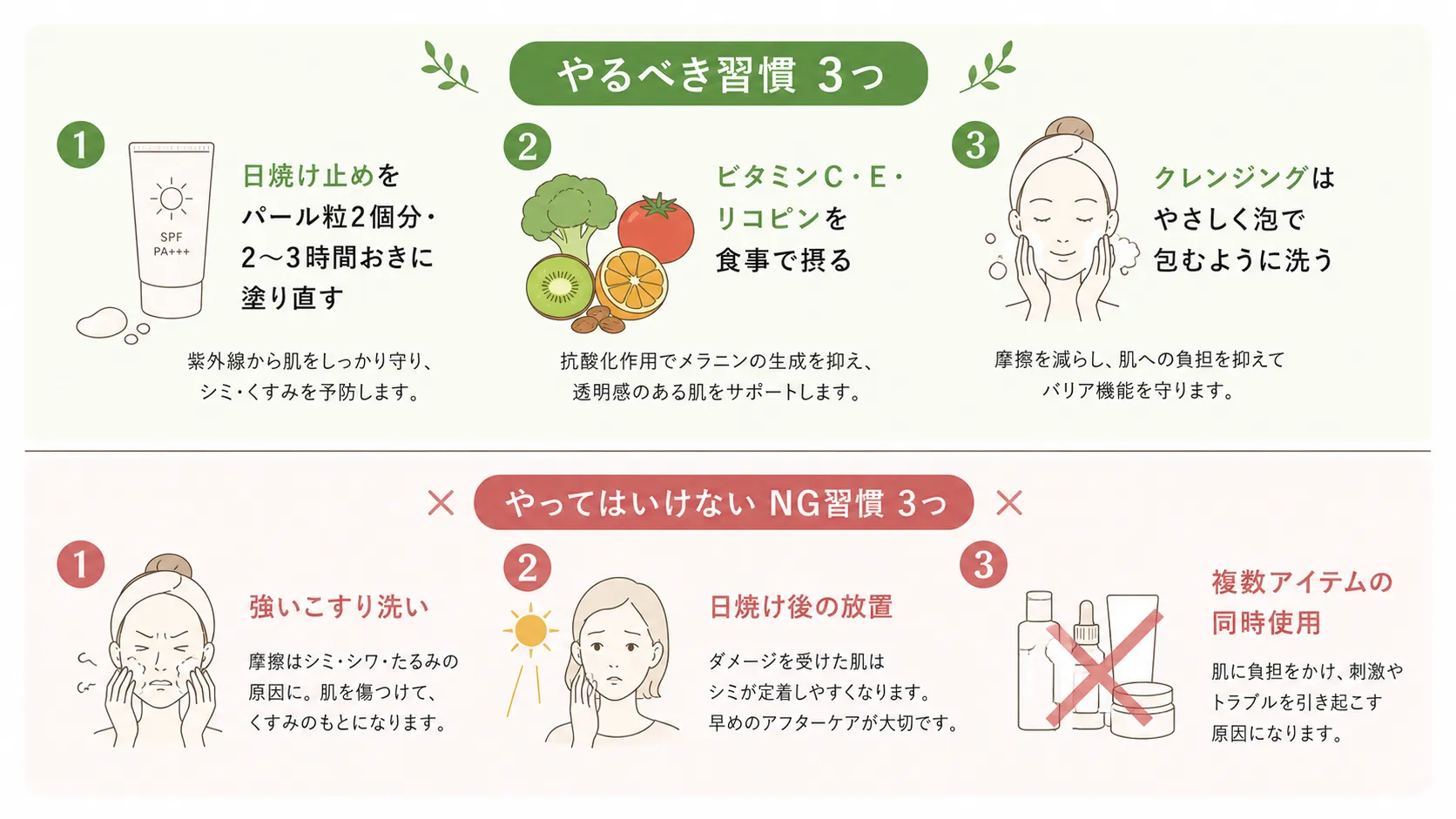 夏のシミ予防ホームケアを示す図。上段「やるべき習慣3つ」として日焼け止めの塗り直し・抗酸化食材の摂取・やさしいクレンジング。下段「やってはいけないNG習慣3つ」として強いこすり洗い・日焼け後の放置・複数アイテムの同時使用を紹介。