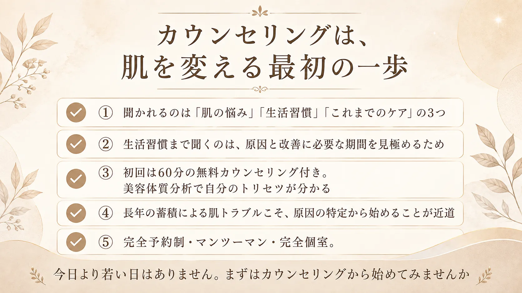 カウンセリングは肌を変える最初の一歩であることを示すまとめ図。記事の要点5項目をチェックリスト形式で紹介。